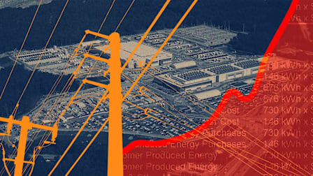 A stylized, high-contrast composite image featuring an aerial view of the QTS data center in Fayetteville, Georgia tinted in blue. In the foreground, bright orange silhouettes of utility poles and power lines crisscross the frame. The right side is covered by a red translucent overlay containing an upward-trending line graph and text related to energy consumption (kWh).